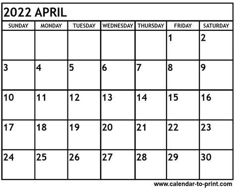 april  calendar printable