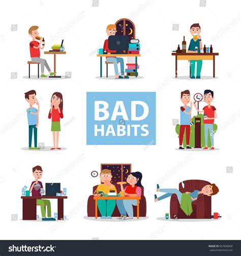 bad habits poster vector illustration people eat  work  night