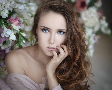 Wallpaper Face Women Model Long Hair Blue Eyes Bare Shoulders