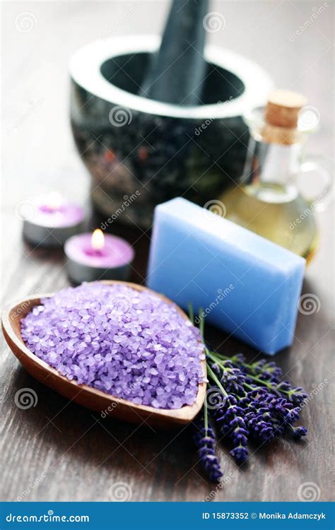 lavender spa stock photo image  bowl mortar lavender