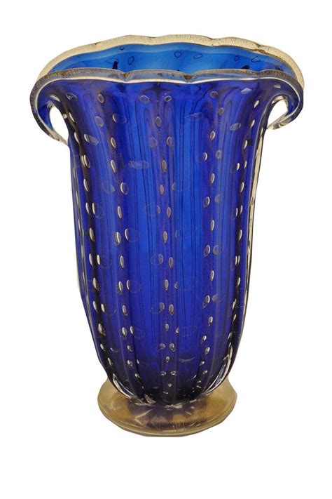 Vintage Blue Murano Glass Vase With 24k Gold Italy