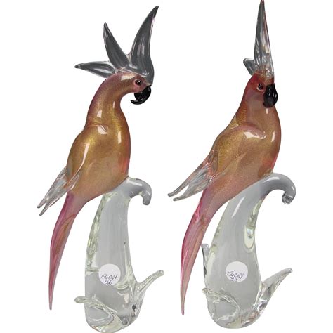 Pair Of Vintage Murano Venetian Parakeet Bird Glass