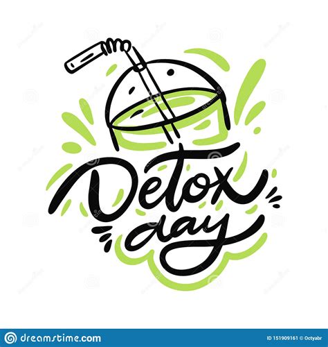 detox day hand drawn lettering and cocktail illustration isolated on