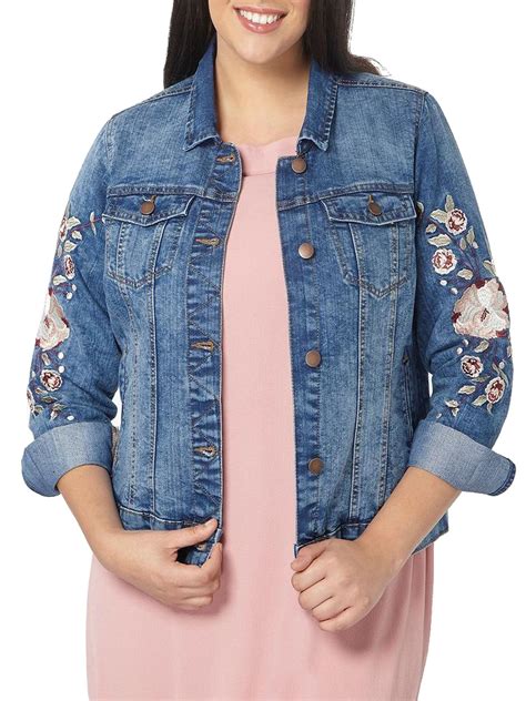 Denim Blue Floral Embroidery Sleeves Denim Jacket Plus Size 26 To 28