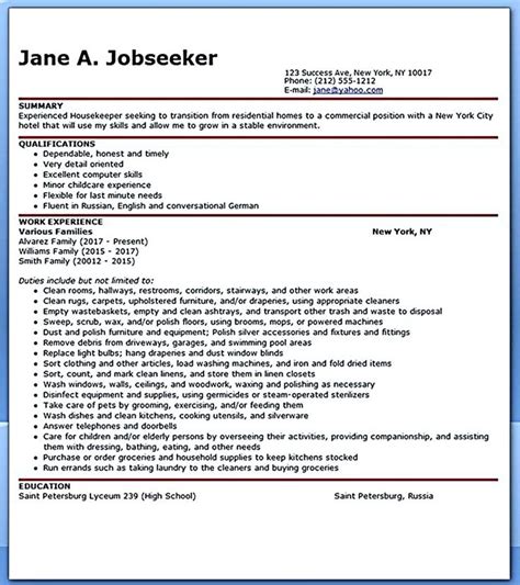 housekeeper resume housekeeper resume