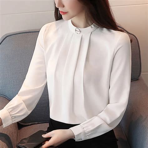 new 2019 ol women blouse formal white shirt solid stand collar pleated