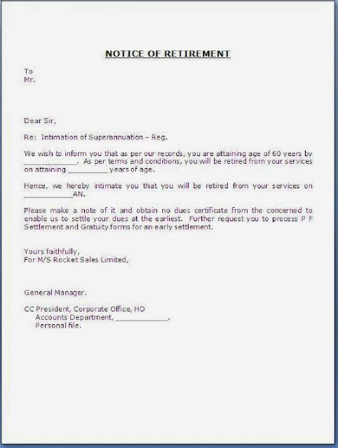 retirement notice letter  employee
