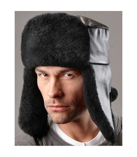 Russian Ushanka Hat Sheepskin And Leather Black Sheepskin Town