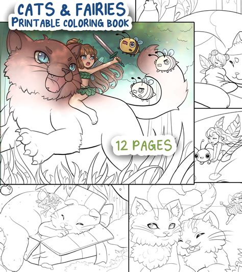 cats fairies printable   page coloring book cute etsy