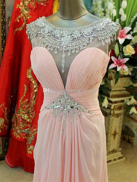 Elaborate Crystal Evening Dress With Cap Sleeves See Through Pink