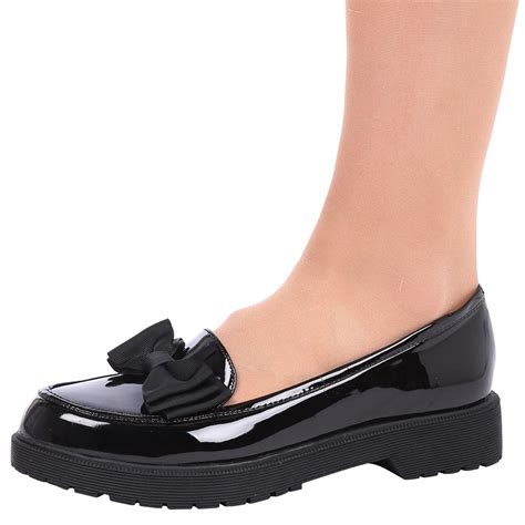 womens girls school shoes chunky bow loafersl slip  ladies kids pumps