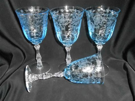 Fostoria Navarre Blue Crystal Water Goblets 7 5 8 Set Of 4 Etched