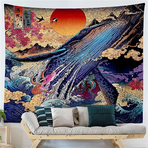 japanese ukiyo  tapestry sea wave tapestry trippy whale etsy