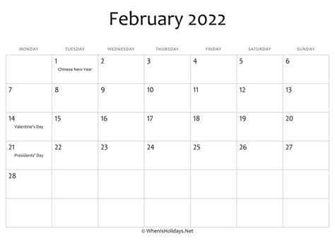 february  calendar printable  holidays whenisholidaysnet