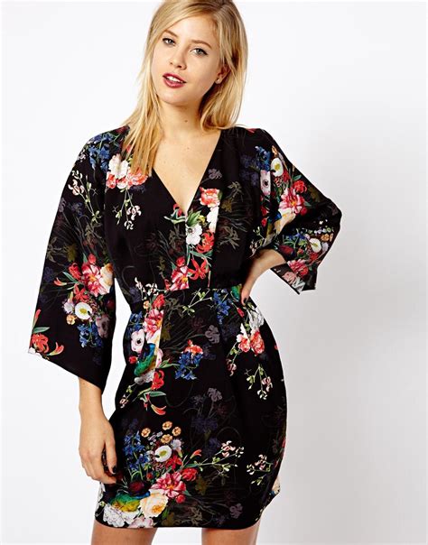 lyst asos floral print kimono dress  black