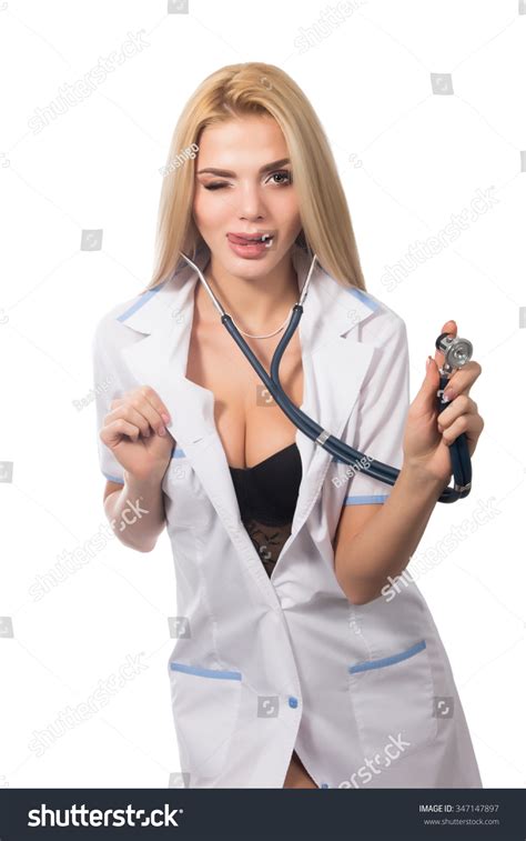 Sexy Female Doctor Using Stethoscope Isolated On White Background Stock