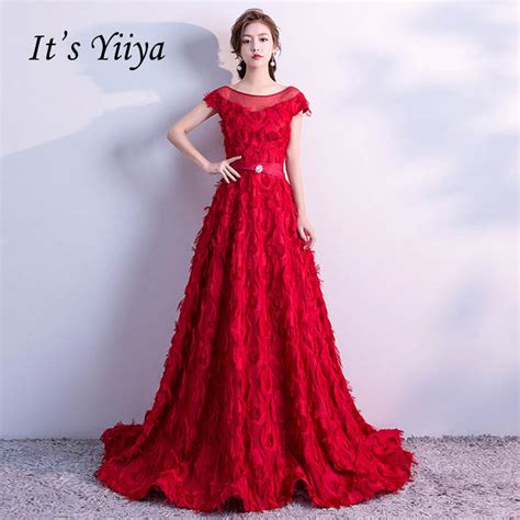 It S Yiiya Red Flowers Illusion Appliques O Neck Backless Elegant Lace