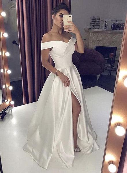 shoulder white satin long wedding dresses  leg slit