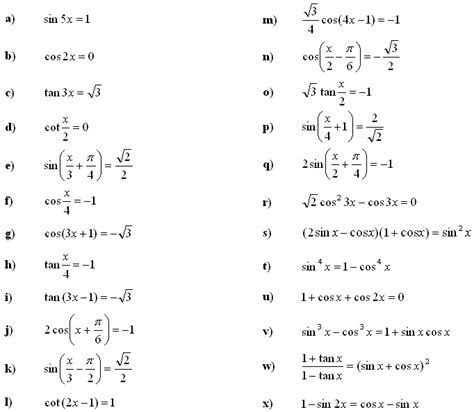 trigonometric equations formula  worksheets