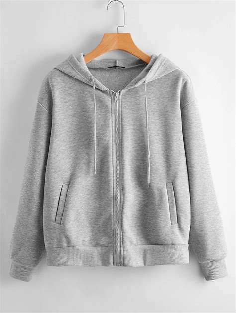 drop shoulder zip  drawstring hoodie shein usa gray zip  hoodie drawstring hoodie