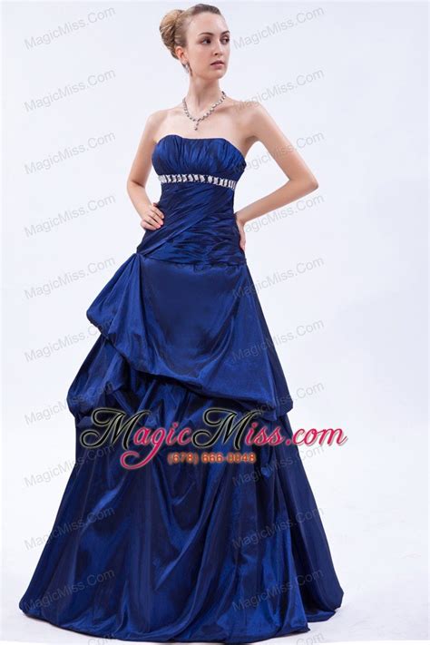 Blue A Line Strapless Floor Length Taffeta Beading And Ruch Prom Dress