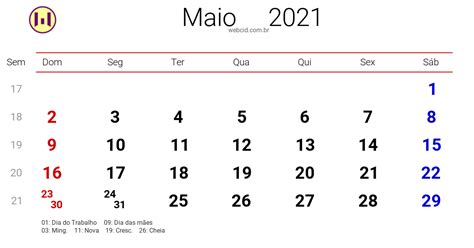 Calendário De Maio De 2021 Com Feriados Nacionais Fases Da