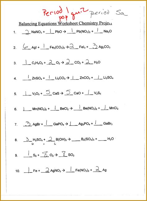 balancing chemical equations answer key balancing equations
