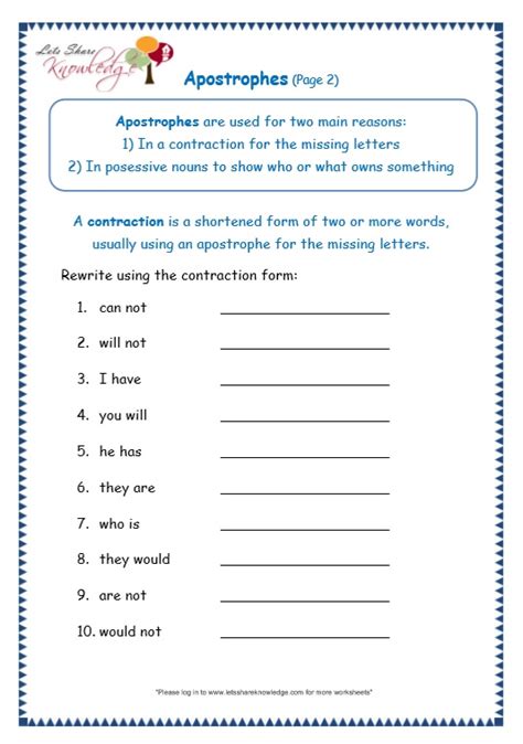 grade  grammar topic  apostrophe worksheets lets share knowledge