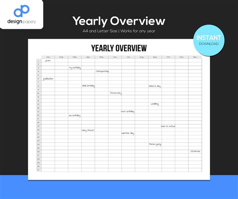 yearly overview calendar calendar printable yearly planner etsy