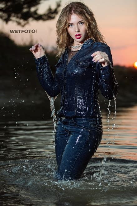 Wetlook By Beautiful Blonde Girl In Fully Wet Denim Shirt And Tight