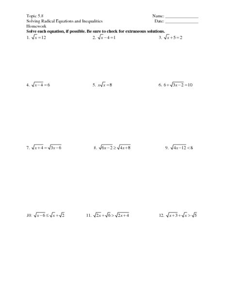 solving radical equations  inequalities worksheet   grade