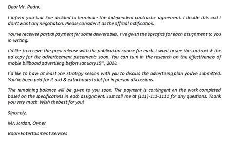 independent contractor termination letter   sample template