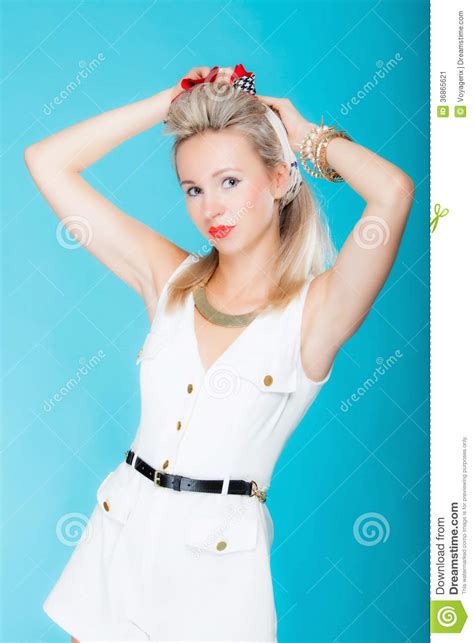 portrait beautiful blonde woman pinup girl retro style stock image