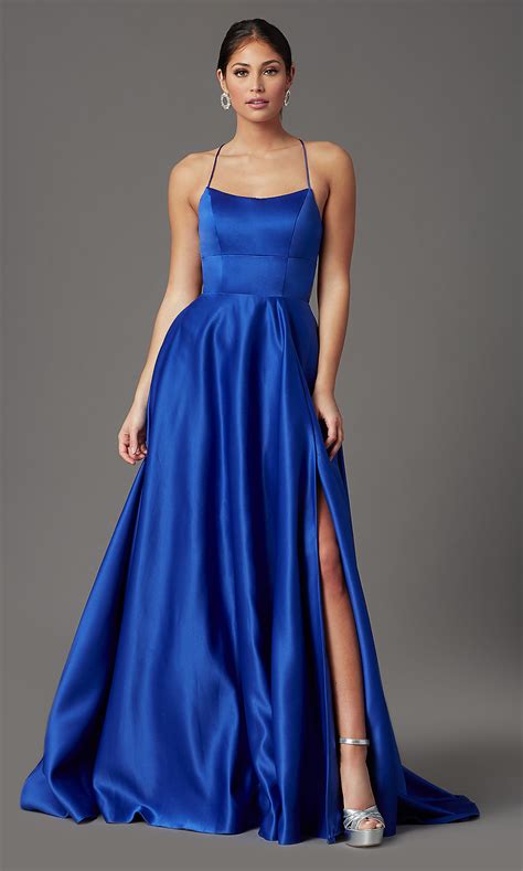 royal blue long corset back prom dress with pockets