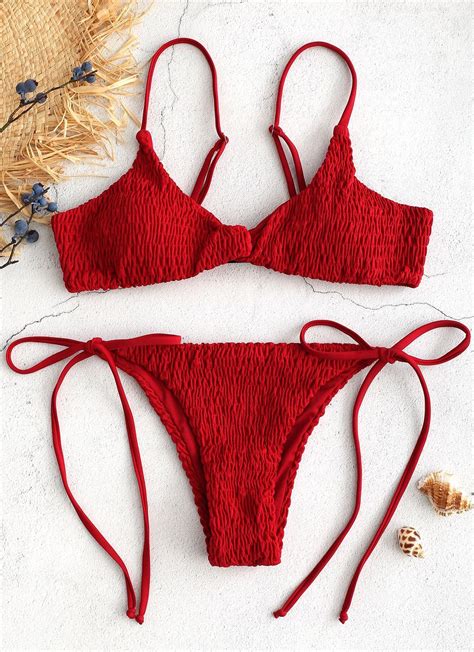 Twist Smocked Side Tie Bikini Set Red Wine Swimwear Beach Clothing