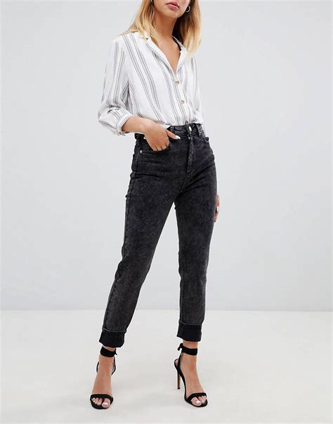 asos design farleigh high waisted slim mom jeans  aged vintage black wash asos slim mom