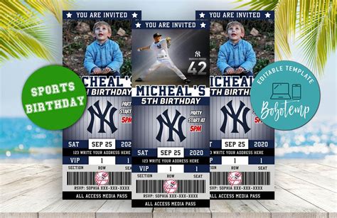 editable  york yankees baseball birthday ticket invitation   ticket invitation