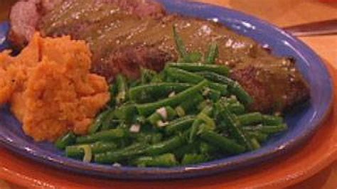 Sliced Steak With Roasted Poblano Gravy Mashed Sweet Potatoes With