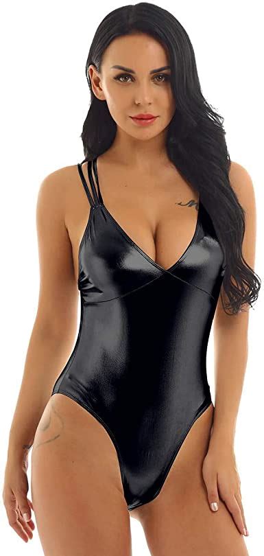 Tiaobug Womens One Piece Swimsuit V Neck High Cut Strappy Back