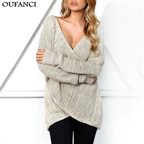 Oufanci 2017 Winter Knitting Pullovers Women Sexy Low Cut V Neck