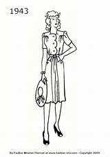 1943 Fashion 1940 Dresses Dress Drawings Silhouette 1950 1940s Silhouettes Drawing History Shoulders Skirts Short Pages Timeline 1944 Skirt Vintage sketch template