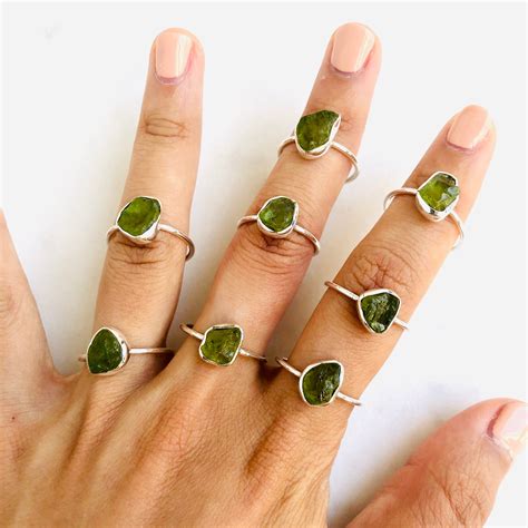 raw peridot gemstone ring   sterling silver crystal   kind