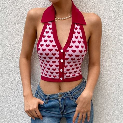 heart pattern cute halter vest crop top y2k streetwear etsy
