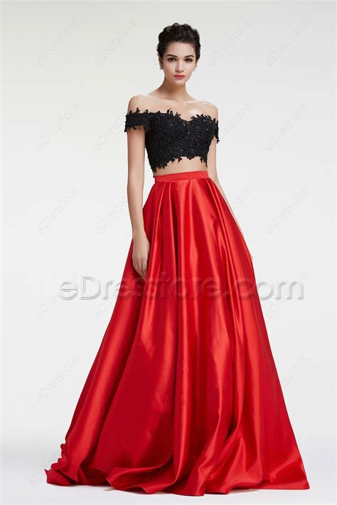 Off The Shoulder Black Red Two Piece Prom Dress Long Edresstore