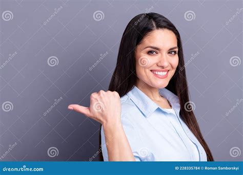 Photo Of Sweet Pretty Mature Woman Wear Formal Shirt Pointing Back