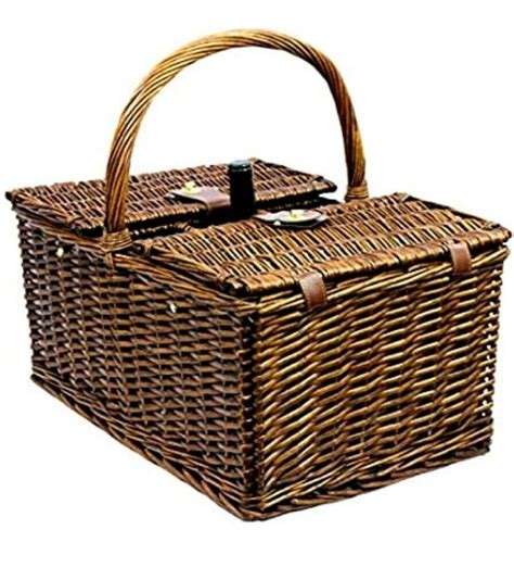 double lid wicker food basket 4 person picnic set silverware glasses