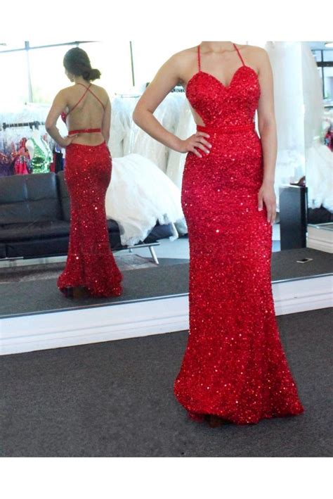 mermaid sequins criss cross back long red prom formal evening party