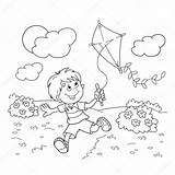 Pipa Kite Outline Flying Running Menino Contorno Correndo Nino Crianças Menina Pipas Colouring sketch template