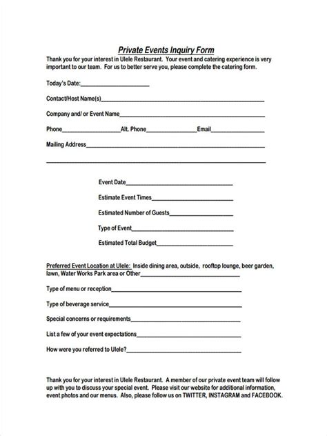event inquiry forms  samples examples formats  regard