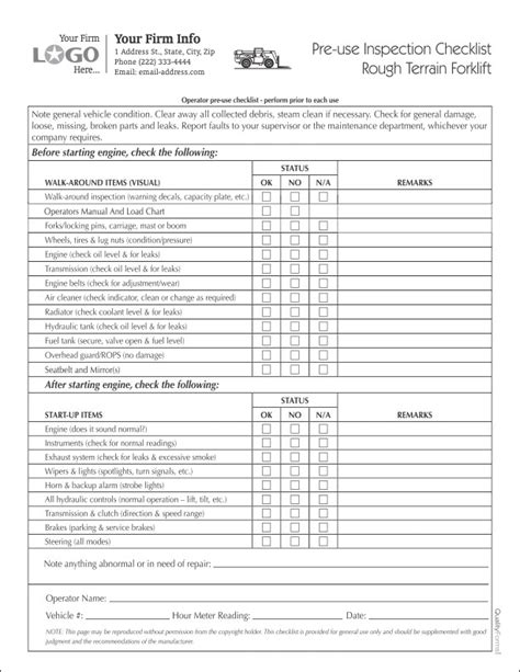 forklift inspection checklist formm  part  part  part printed form